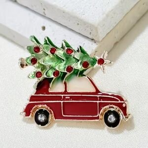 🎁Holiday Festive Red Car with Christmas Tree Brooch Lapel Pin